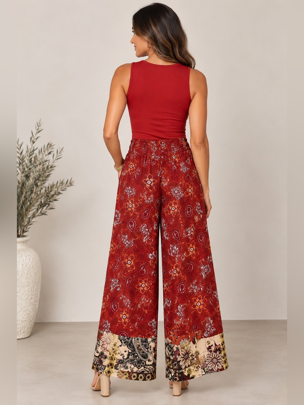 Bohemian Red Paisley Wide-Leg Pants - Picture 4 of 4